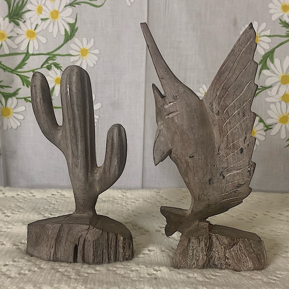 Rustic Gray Wooden Cactus and Bird Figurines